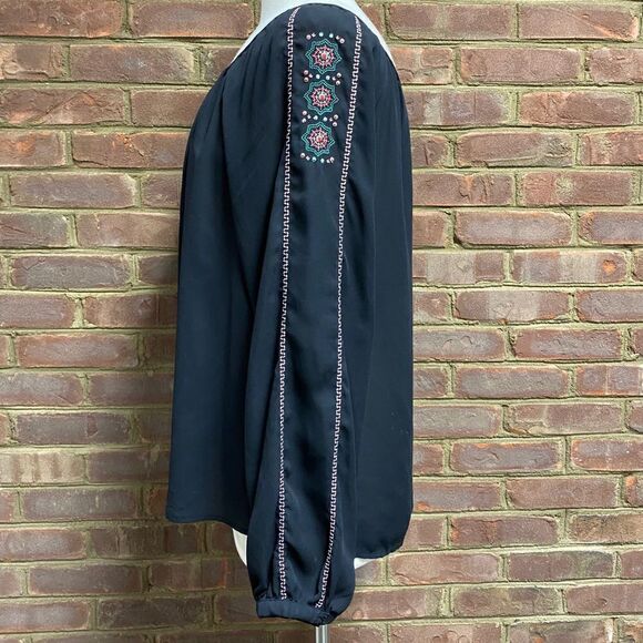 GB Black Sheer Embroidery Tie Front Blouse - Picture 4 of 6